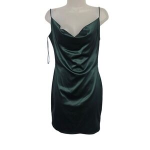 Blanc Green‎ Satin Cowl Neck Spaghetti Strap Mini Dress